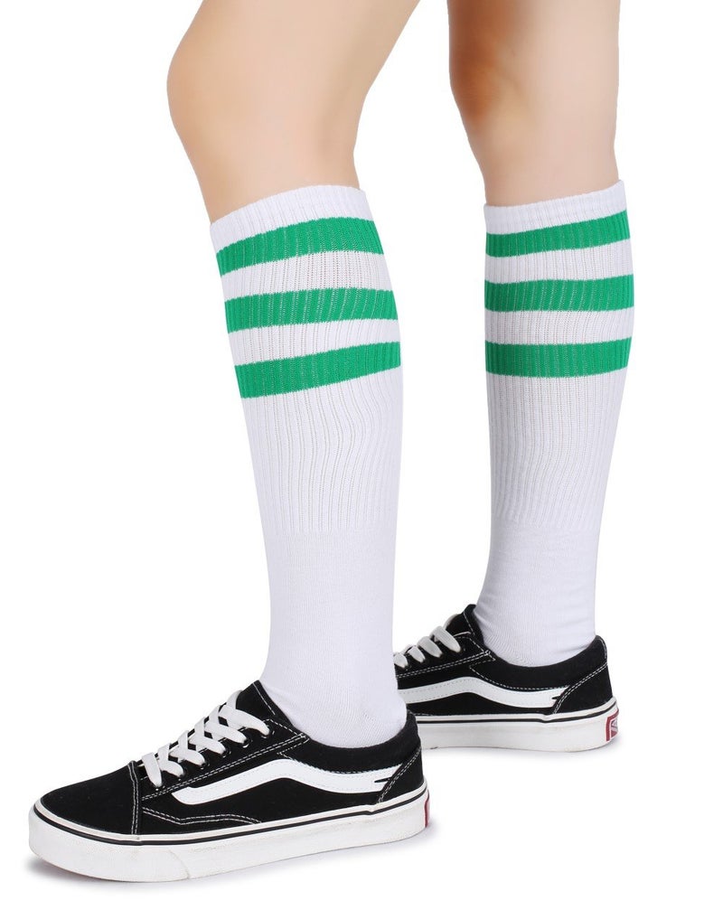 Pareberry Classical Triple Stripes Soft Cotton Over-the-Calf Retro Tube Socks (A-Pair(Green/White)) - Image 4